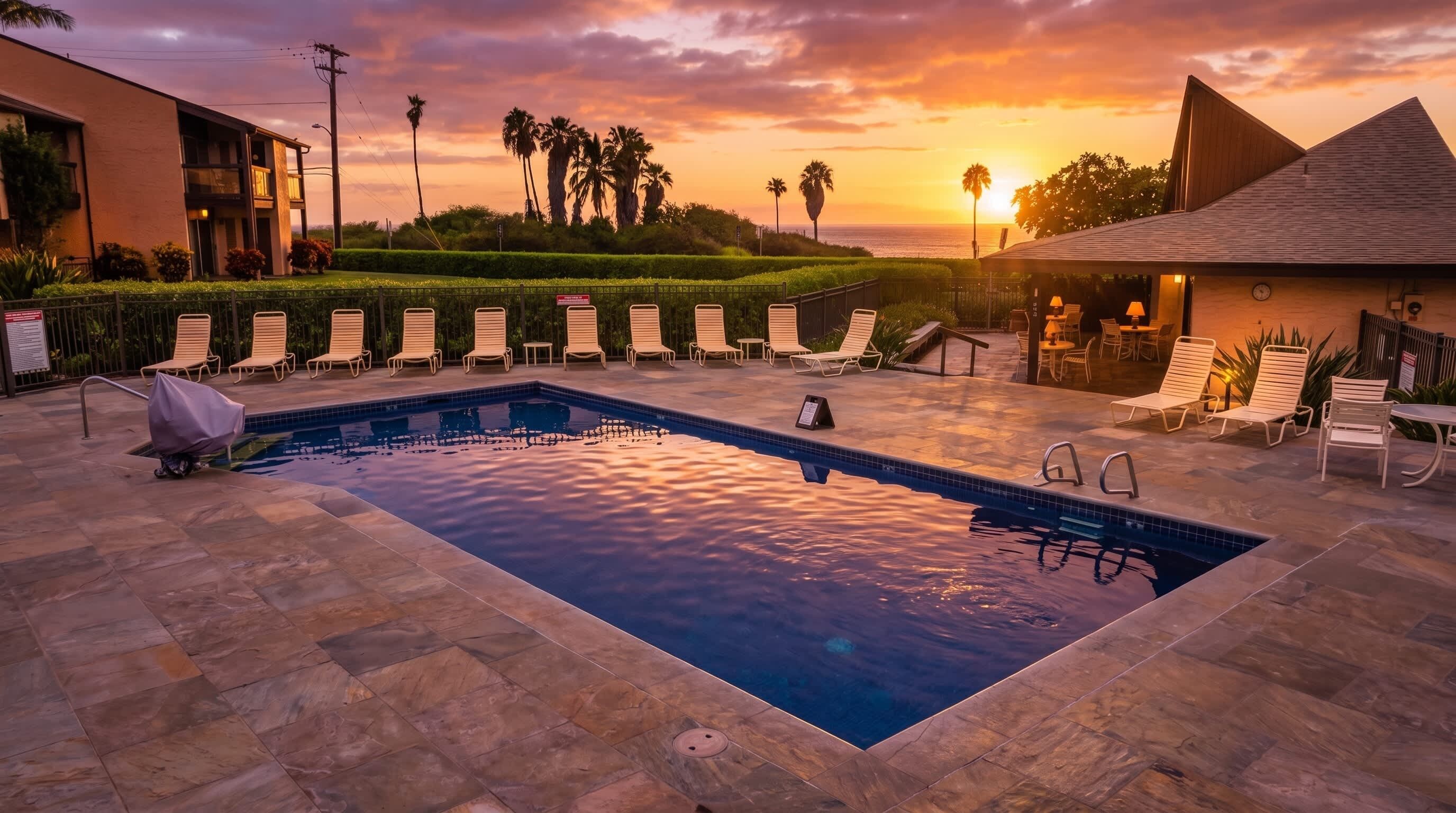 Piscina con sillas de descanso y vista al atardecer.