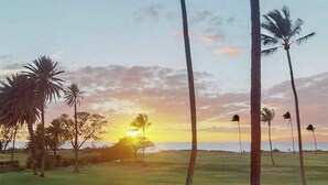A sunset view with palm trees and a grassy field. - New Oceanfront Kihei Condo with Pool and Hot Tub (Kihei)