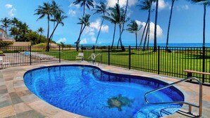 A swimming pool with a view of the ocean and palm trees. - New Kihei Ocean-View Retreat for Two with Beachfront Pool (Kihei)