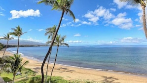 A beach with palm trees, a clear sky, and a view of the ocean. - NEW Fall Deal Ocean-View Sugar Beach Escape for Two (Kihei)