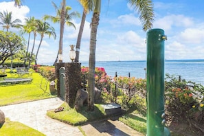A coastal garden with palm trees, a pathway, and a view of the ocean. - NEW Fall Sale 7th-Floor Mountain-View Retreat at Lahaina Shores (Lahaina)