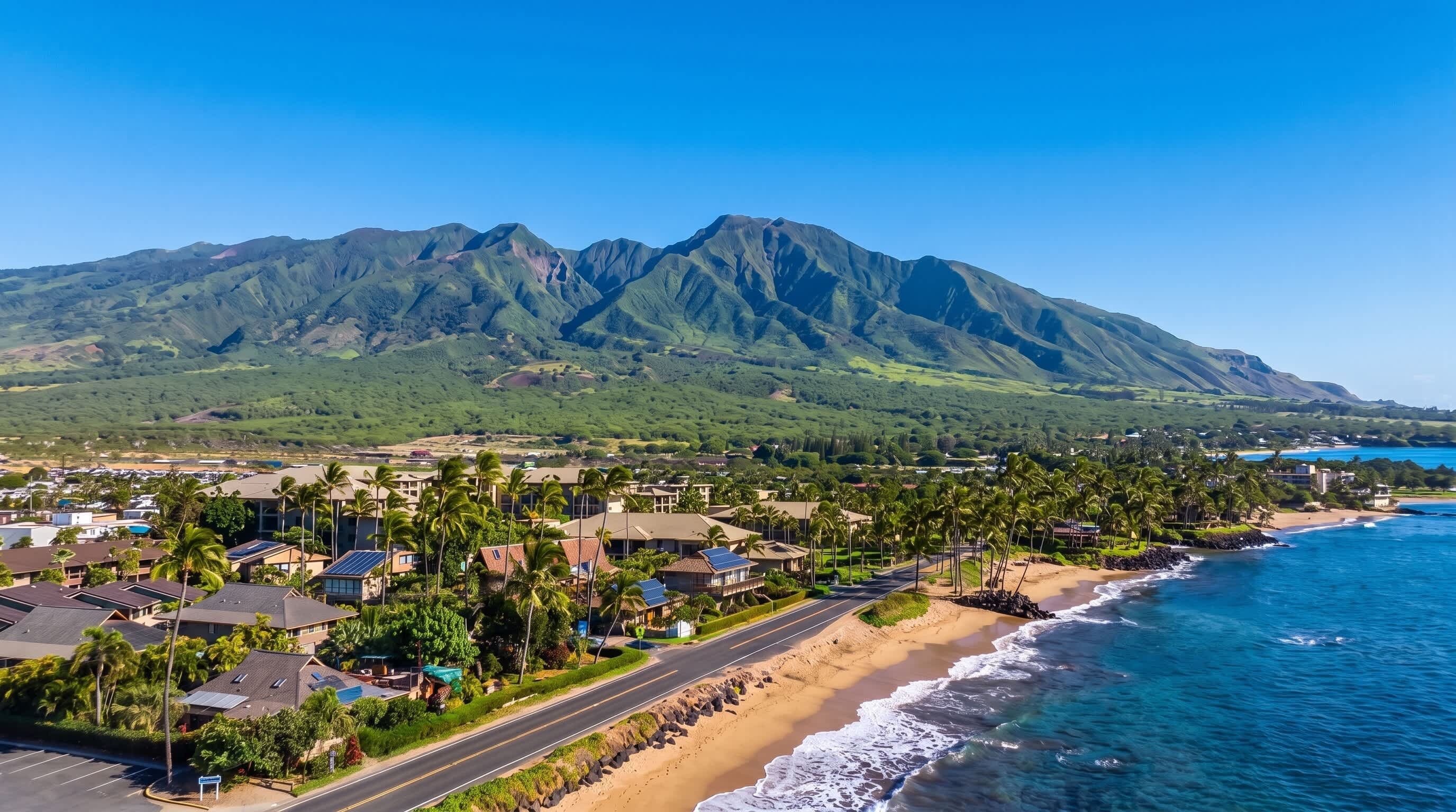 A coastal residential area with houses, a road, and a mountain range in the background.