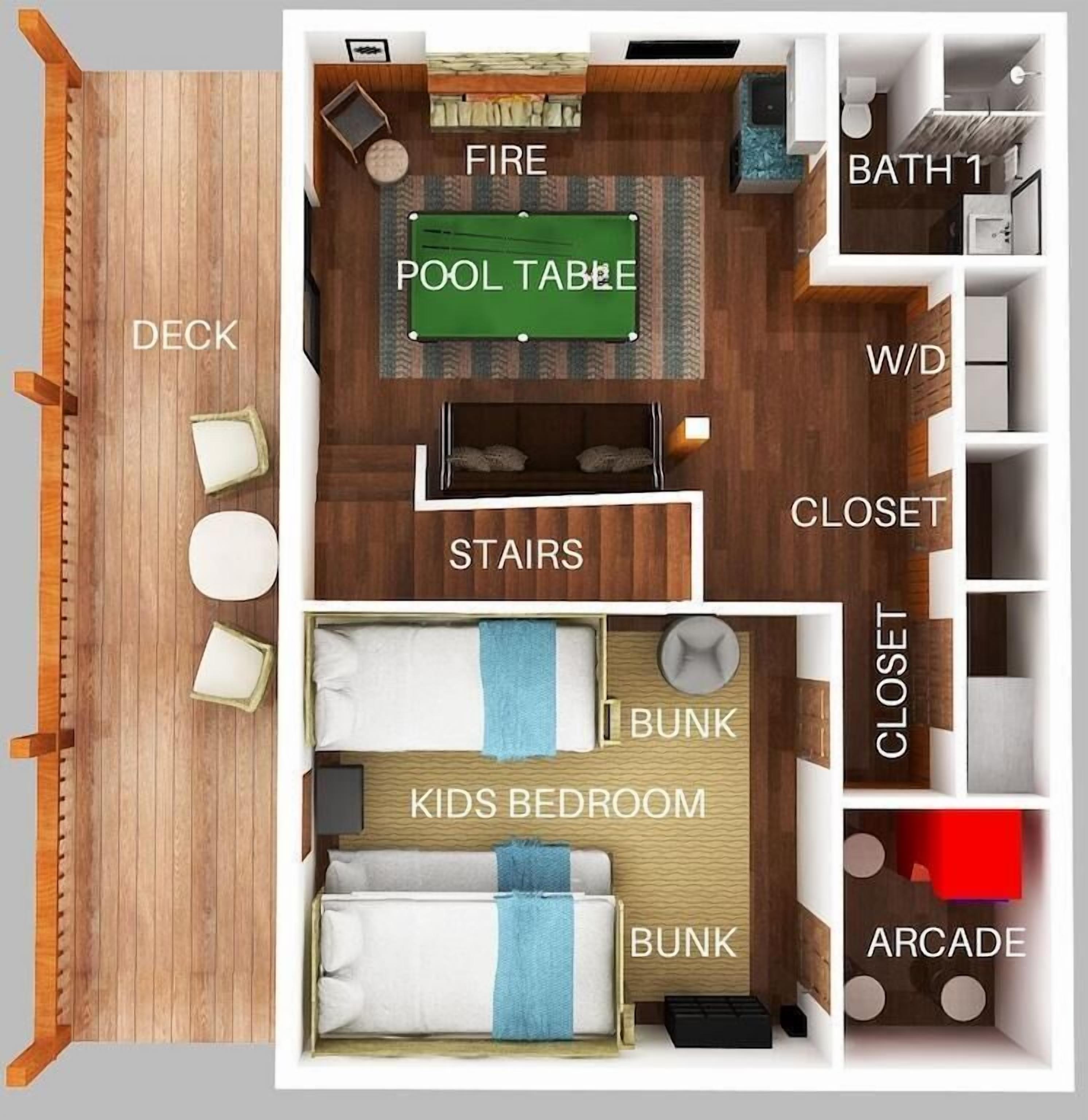Distribución de un hotel con mesa de billar, chimenea, habitación infantil y armario.