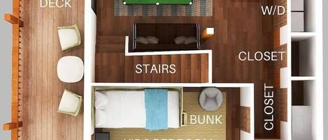 Distribución de un hotel con mesa de billar, chimenea, habitación infantil y armario.