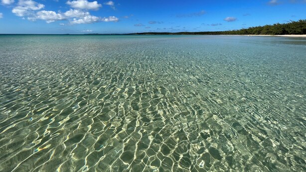 Vista despejada de una playa con aguas poco profundas y una costa lejana.