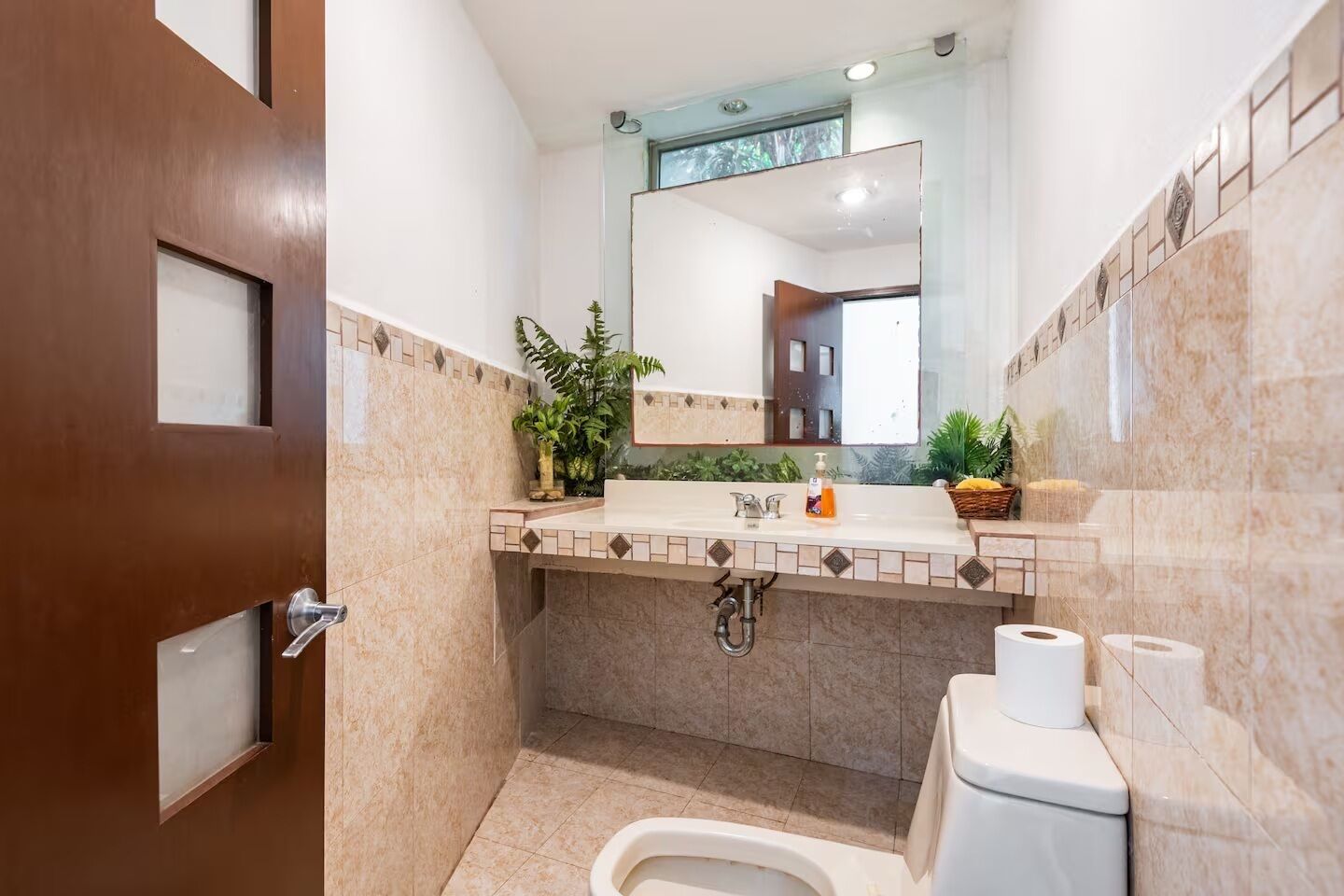 Un bagno con WC, lavandino, specchio e piante in vaso.