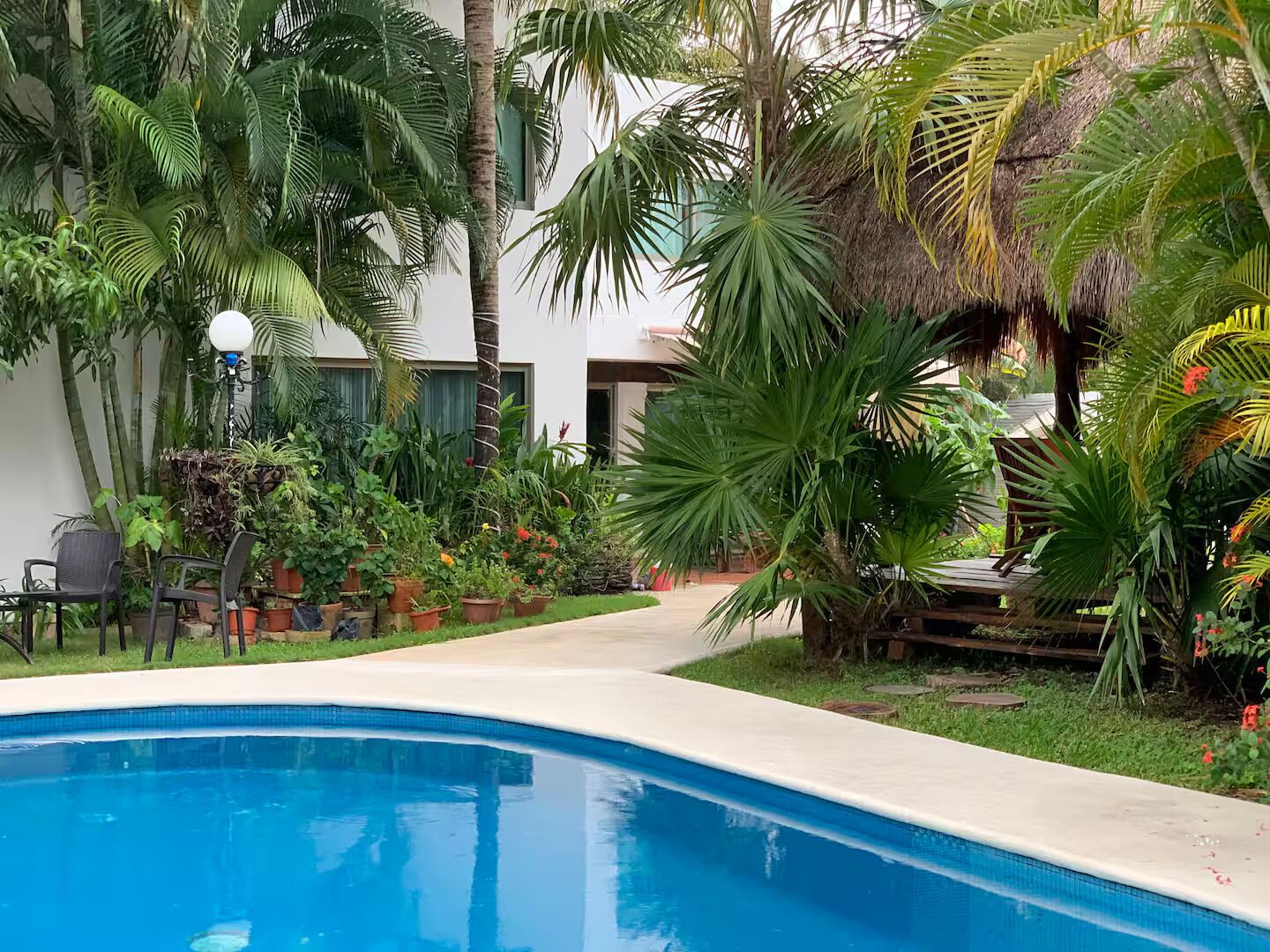 Una piscina rodeada de exuberante vegetación tropical y un edificio blanco con techo de paja.