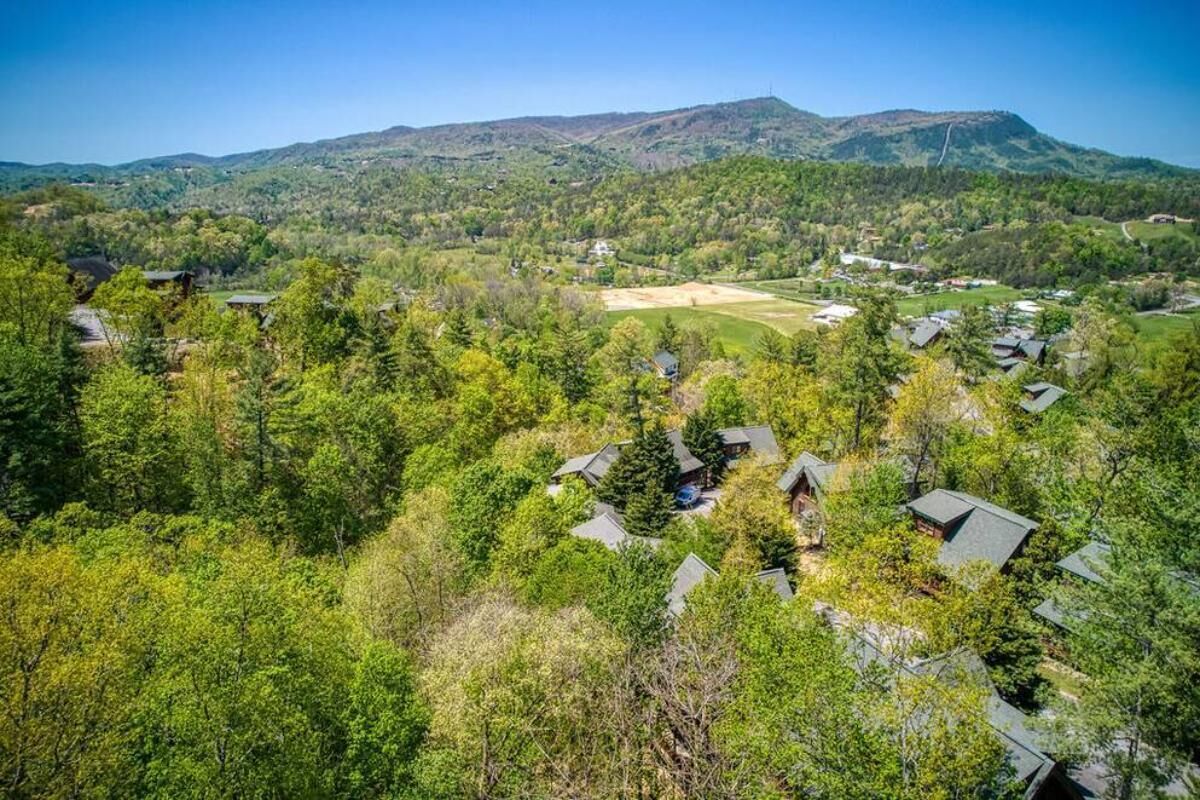 A residential area with houses surrounded by dense trees and hills in the background.