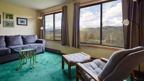 A room with a sofa, armchair, and table, large windows with curtains, and a view of the outdoors. - Enjoy stunning view in Waterville Estates! (Thornton)