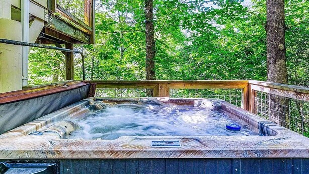 Un jacuzzi con cubierta de madera y barandilla metálica, rodeado de árboles.