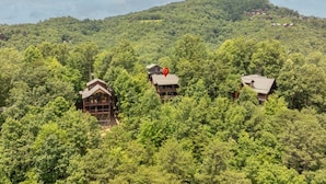 A forested area with three wooden cabins, each with a distinct roof style, surrounded by dense greenery. - Simply Heaven in the Smokies (Sevierville)