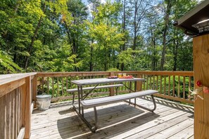 Eine Holzterrasse mit Picknicktisch und Bänken, umgeben von einem Wald.