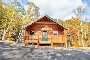 A wooden cabin with a green door, two windows, and a porch. - Z - Enchanted Pines (Pigeon Forge)