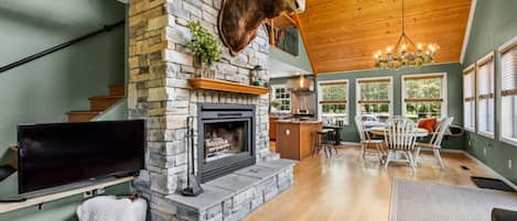 Smart TV, fireplace, books, stereo