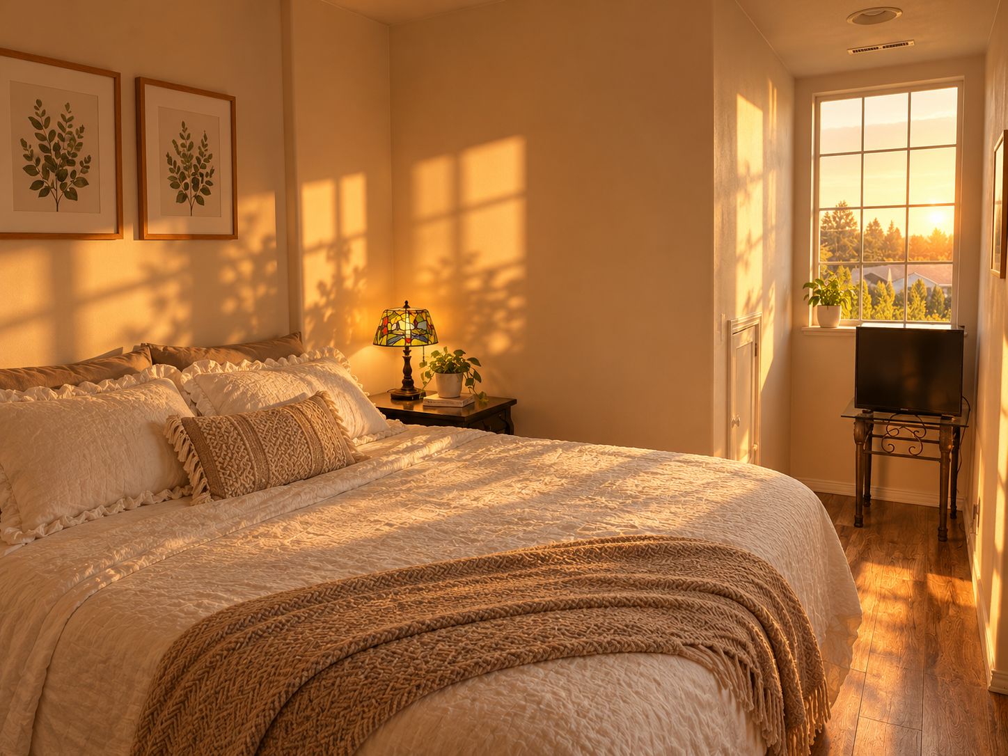 A bedroom with a large bed, a bedside table with a lamp, a TV, and a window with a view of trees.