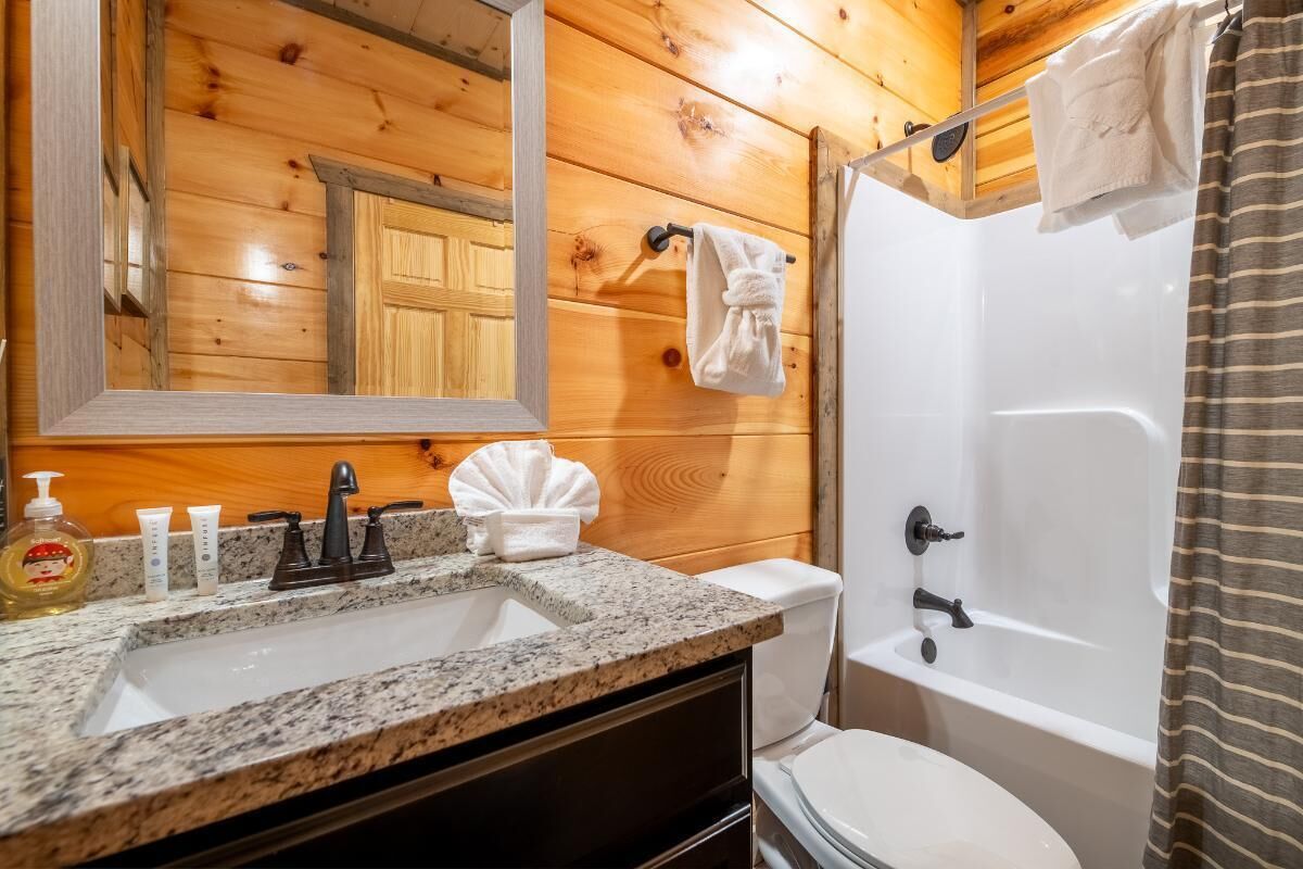 A bathroom with a wooden wall, a sink with toiletries, a toilet, and a bathtub.