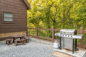 Eine Holzhütte mit Grill und Picknicktisch vor der Tür.