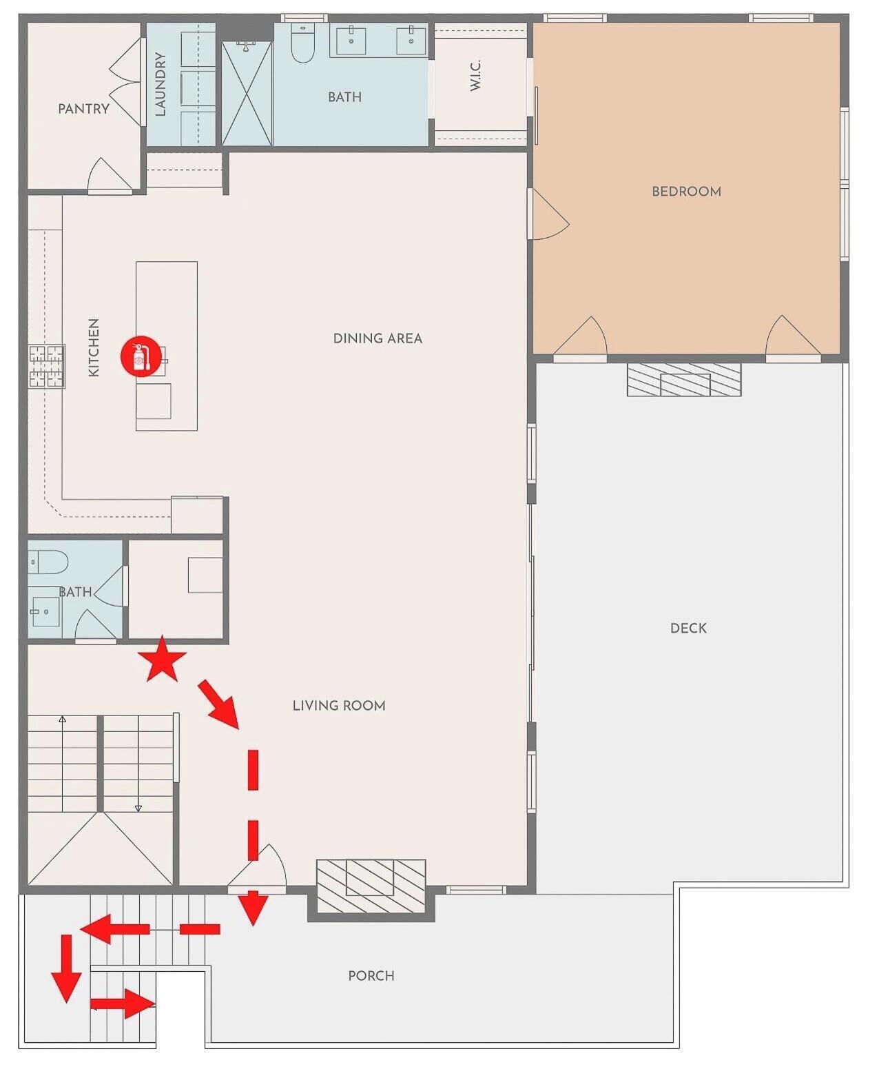 A floor plan with a kitchen, dining area, living room, bedroom, bathroom, and porch.