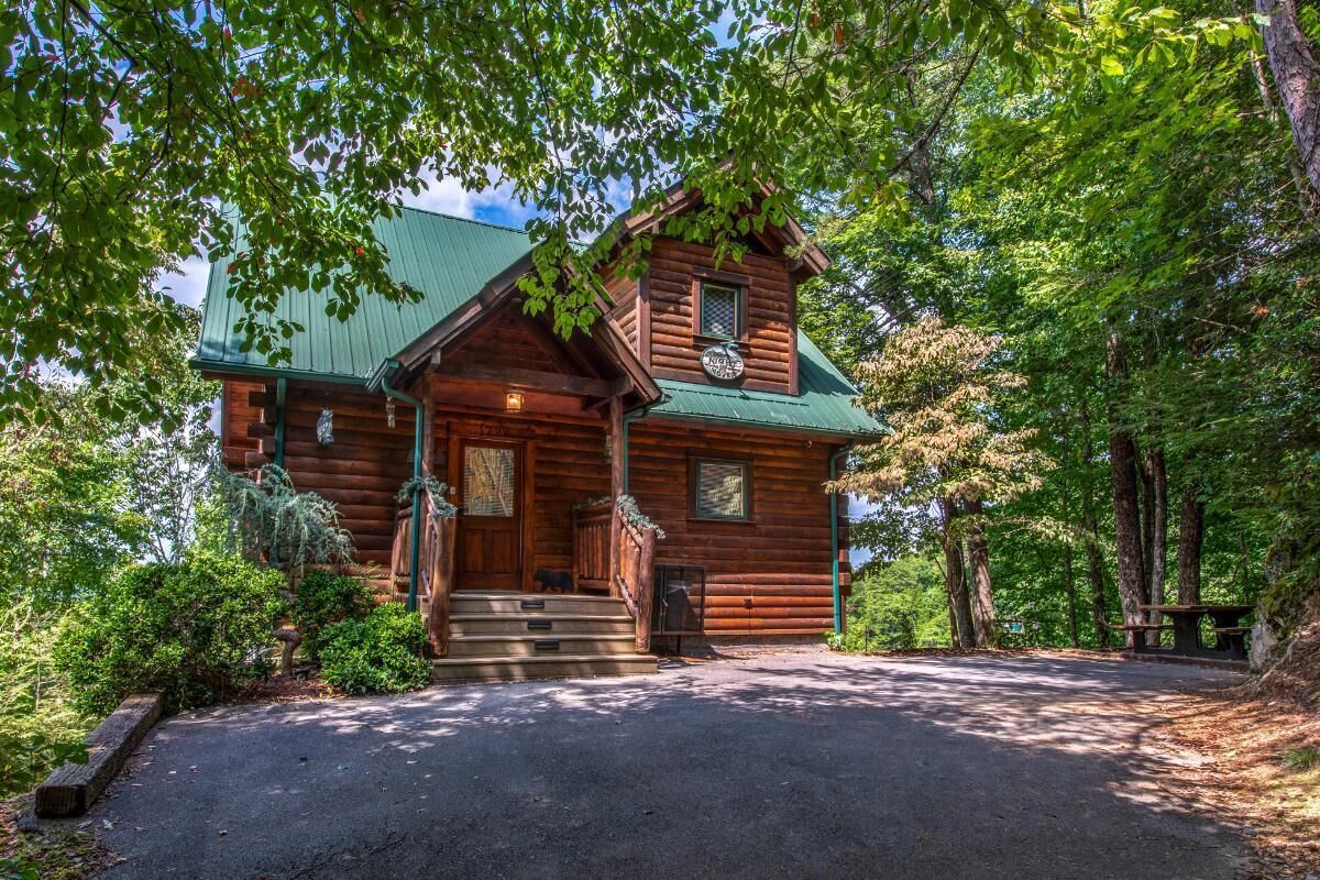 A rustic log cabin with a green roof, a front porch, and a driveway.