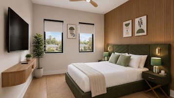 6 habitaciones, escritorio y tabla de planchar con plancha
