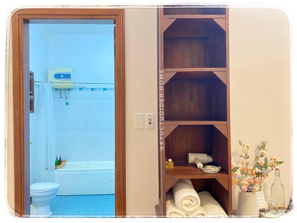 Hair dryer, towels, soap, toilet paper