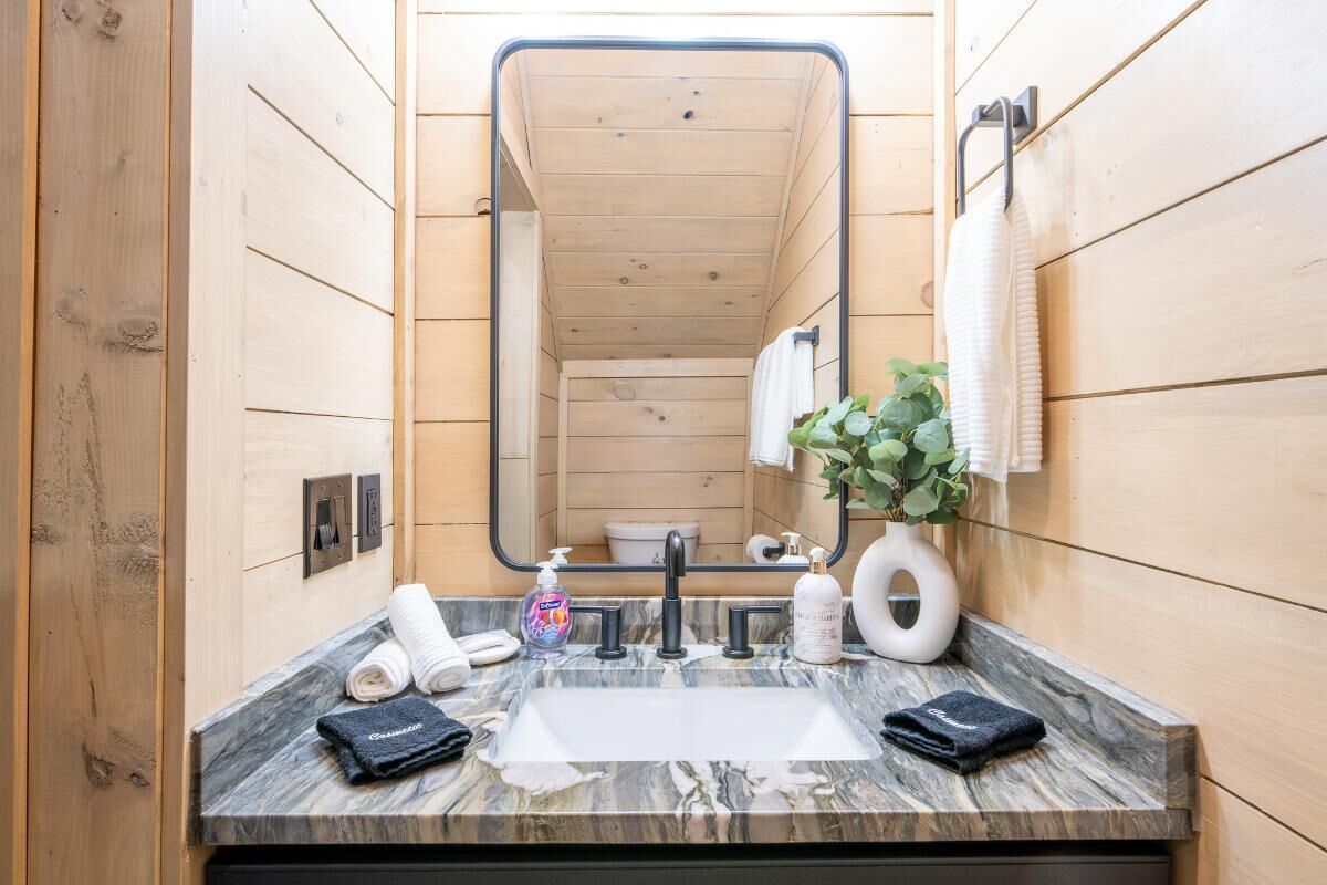 A bathroom with wooden walls, a marble sink, a mirror, a towel rack, and a potted plant.