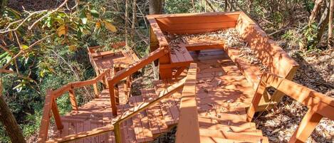 Eine Holztreppe führt zu einer Bank in einem bewaldeten Gebiet.