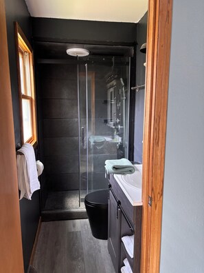 Un baño pequeño con cabina de ducha de vidrio, un lavabo y un inodoro.