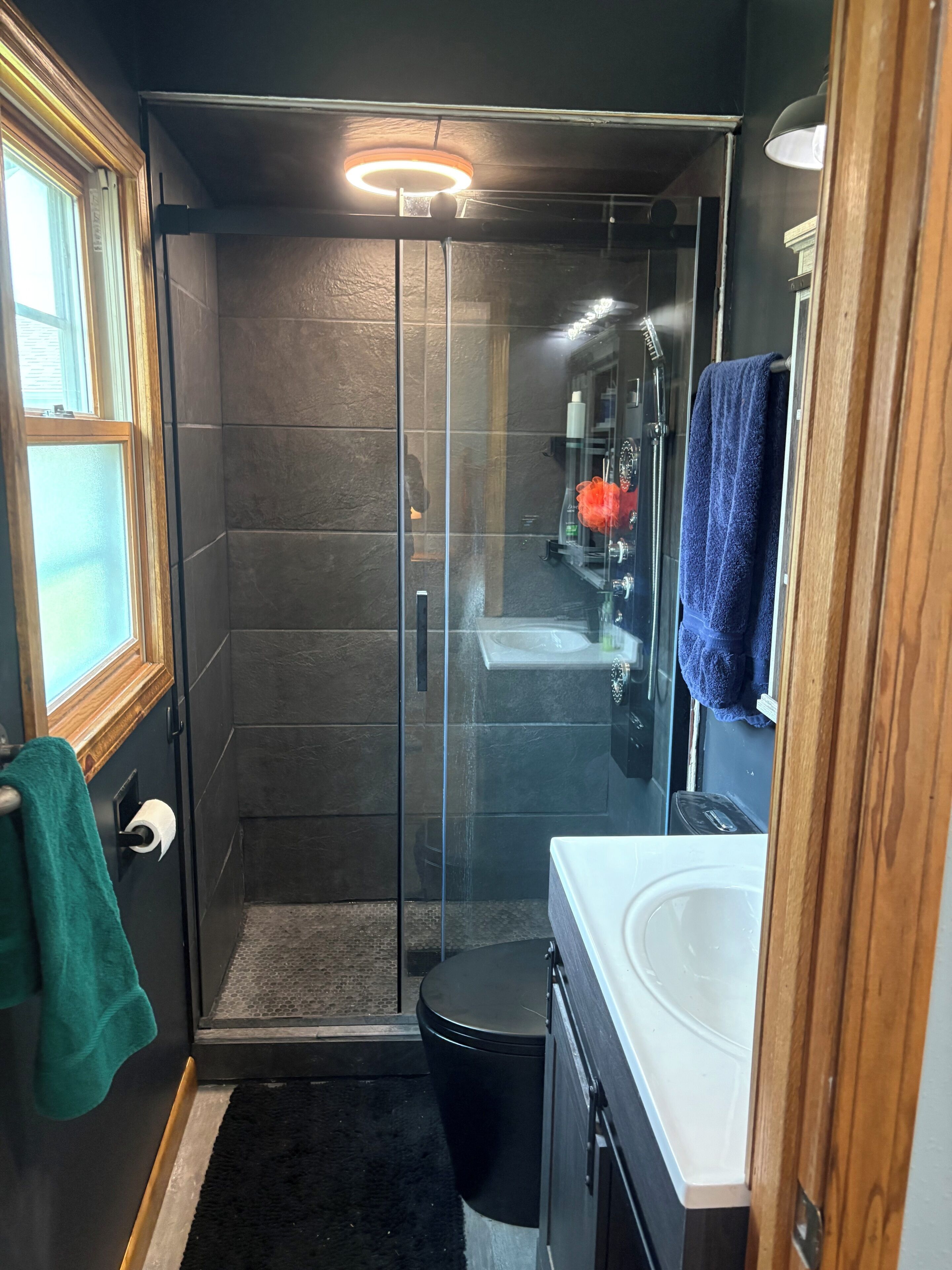 Hair dryer, towels, soap, toilet paper