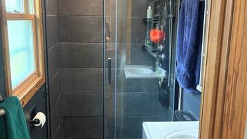 Hair dryer, towels, soap, toilet paper