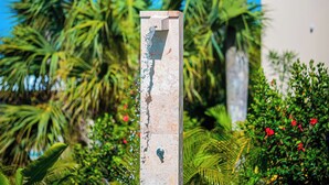 Ein vertikales Bauwerk mit Wasserspiel, umgeben von üppiger Vegetation und Palmen.