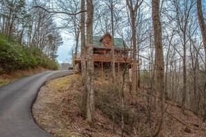 A cabin with a wooden deck and a green roof, surrounded by trees. - Sleeping Bear Hideaway (Sevierville)