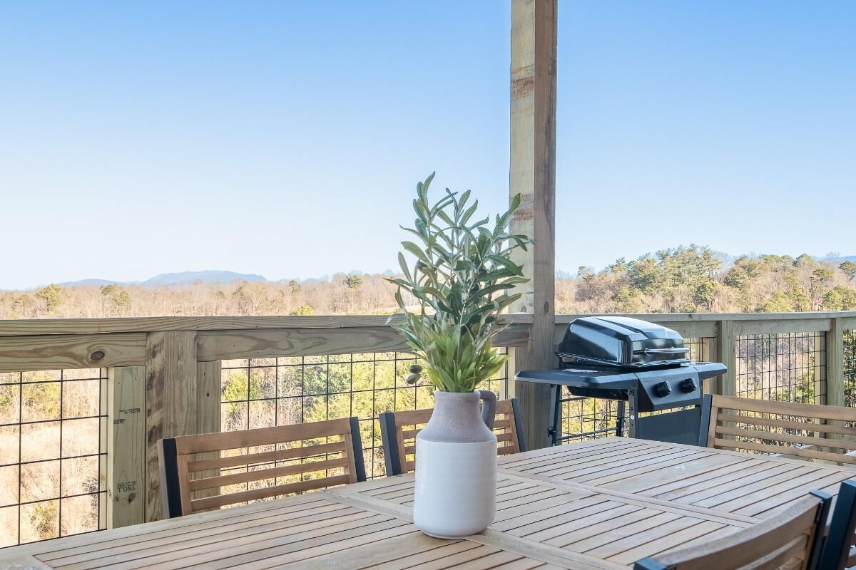 Eine Holzterrasse mit Tisch, Stühlen, einem Grill und einem Blumentopf.