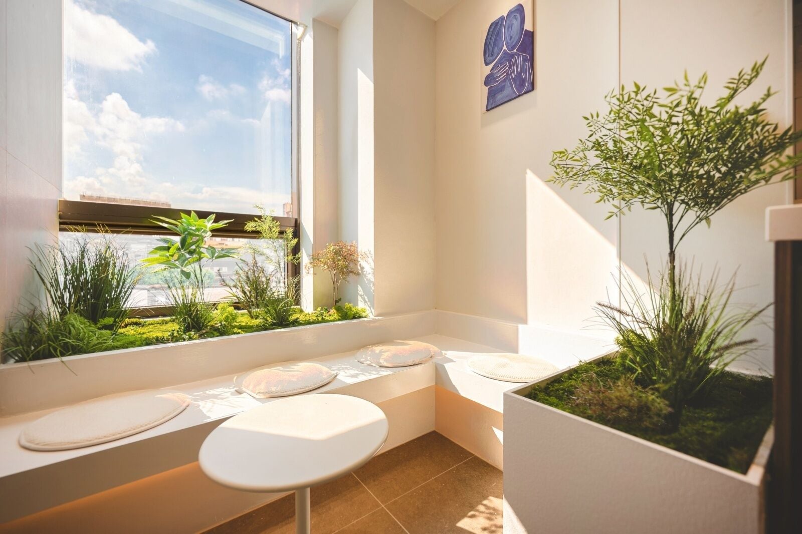 A modern bathroom with a window, a small sink, and a potted plant.