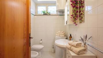 Douche, sèche-cheveux, bidet, serviettes fournies