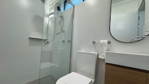Un baño moderno con ducha envuelta en vidrio, inodoro y espejo.