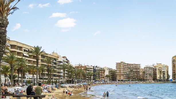 A beach with palm trees, a sandy shore, and buildings in the background. - Pink Harmony Apartment (Torrevieja)