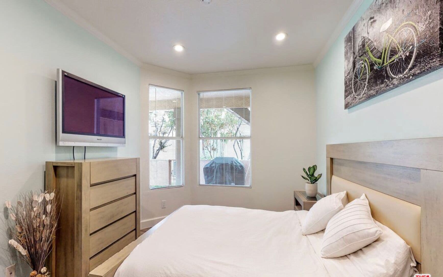 Un dormitorio con una cama, un televisor, un aparador de madera, una planta y un cuadro de bicicleta en la pared.