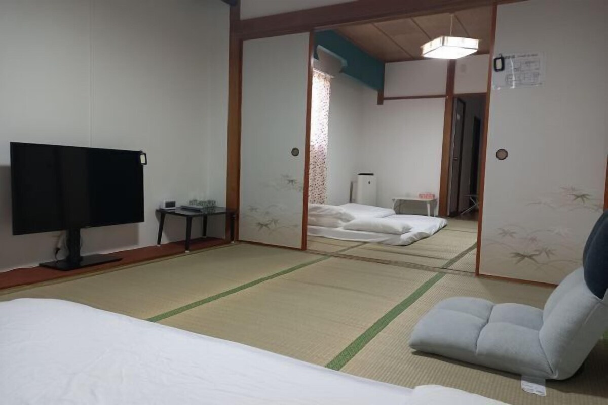 A hotel room with tatami flooring, a bed, a television, a chair, and a sliding door leading to another room.