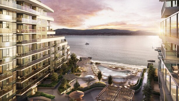 A modern hotel with a waterfront view, outdoor seating, and a pool area. - Luxury Living at Aqua | Pool, Spa, Golf Sim plus Downtown Kelowna & Lake Views (Kelowna)