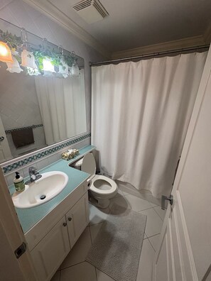Secadora de cabello, toallas, jabón, papel de baño 