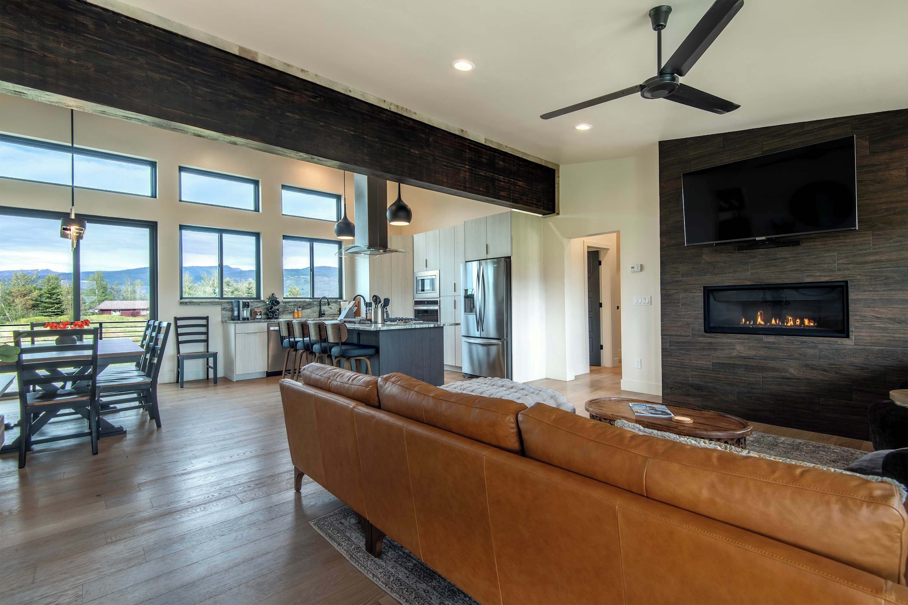 Smart TV, fireplace, books, offices
