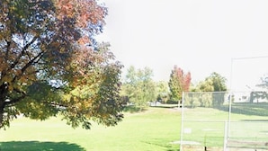 A grassy field with a fence, a tree with autumn leaves, and a clear sky. - Park view home (Vancouver)