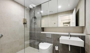 Shower, hair dryer, towels, shampoo