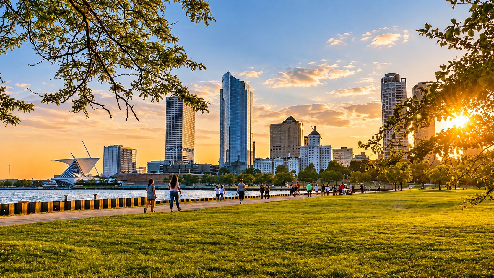 Un paisaje urbano con edificios modernos, un río y un parque donde pasean personas.