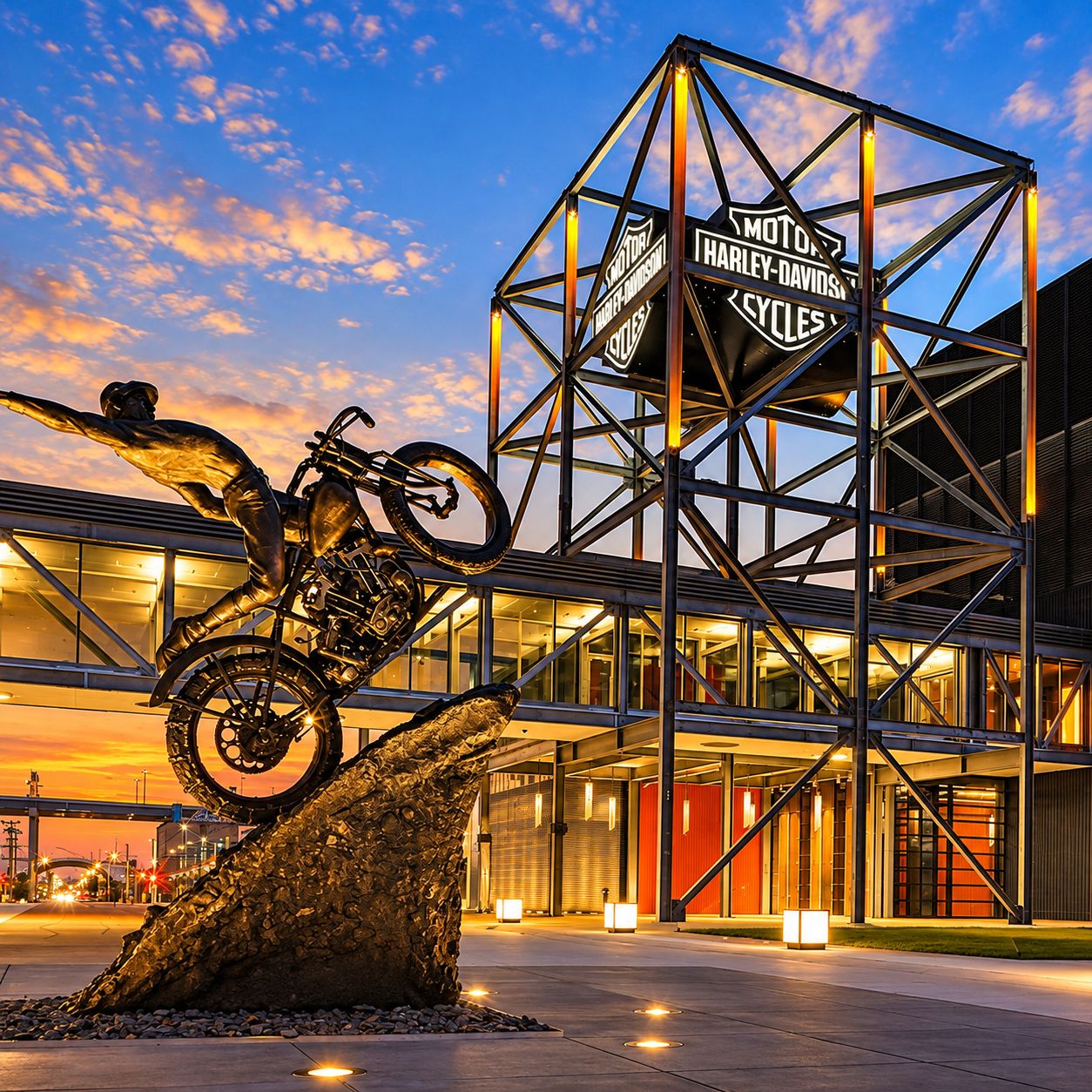 A motorcycle sculpture in front of a building with a Harley-Davidson sign.