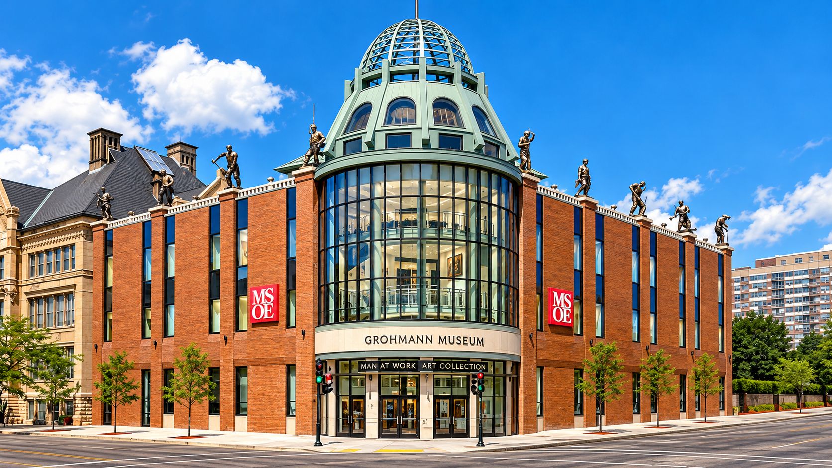 A building with a dome and statues on top, labeled 'GROHMANN MUSEUM' and 'MAN AT WORK ART COLLECTION'.