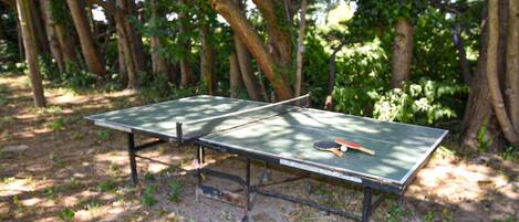 A ping pong table in a wooded area.