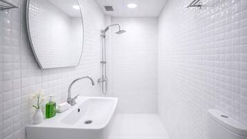 Douche, sèche-cheveux, shampoing