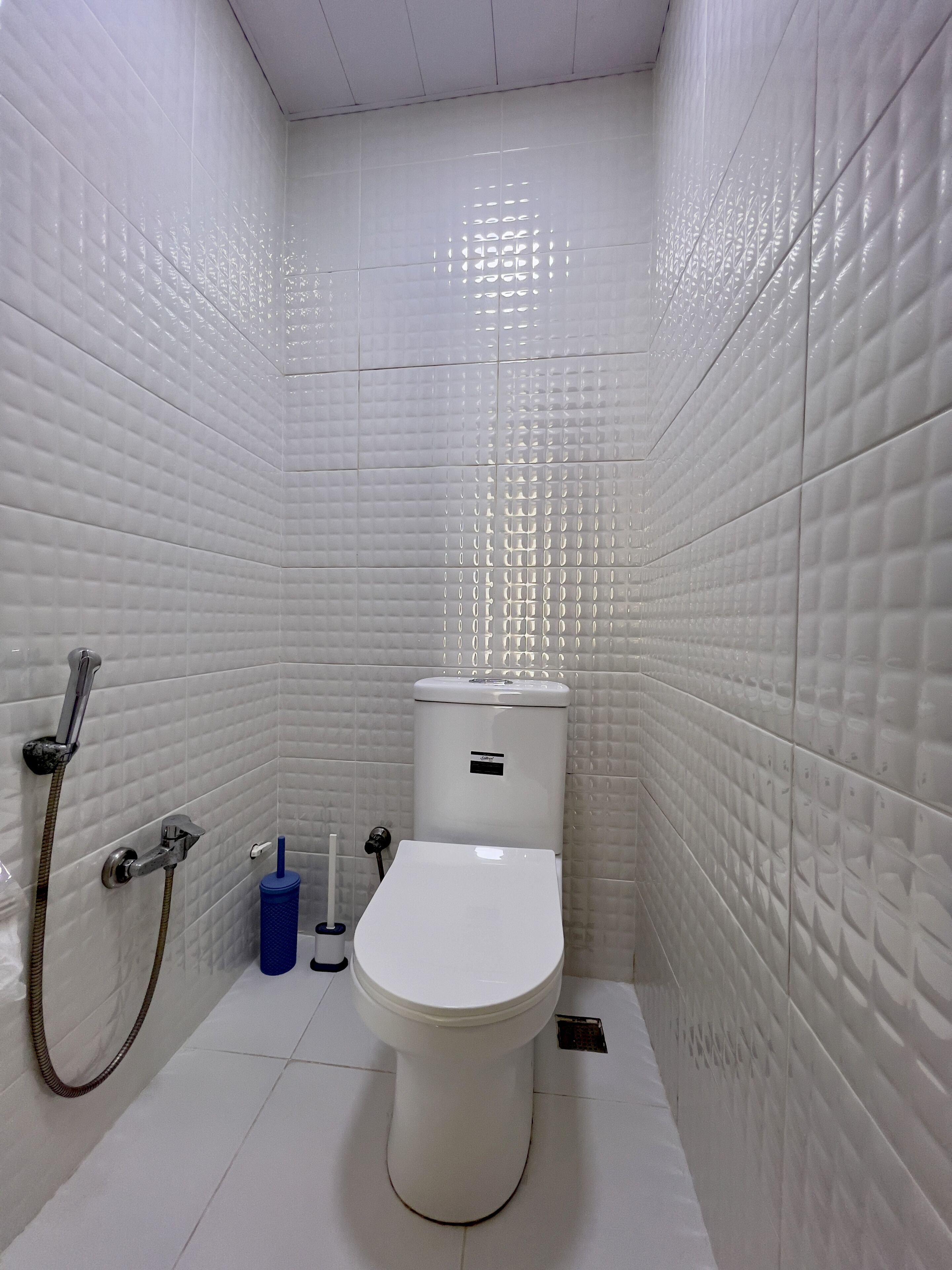 Ein Badezimmer mit weiß gefliesten Wänden, einer weißen Toilette und einer Dusche inklusive Duschbrause.